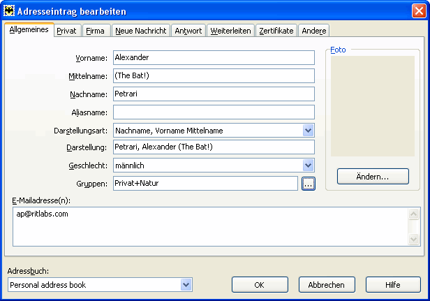 eMail-Client "The Bat!": Adreßbuch eMail-Client "The Bat!": Adreßbuch