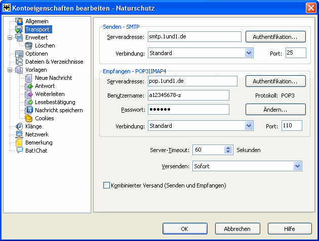eMail-Client "The Bat!": Kontoeigenschaften &middot; Transport