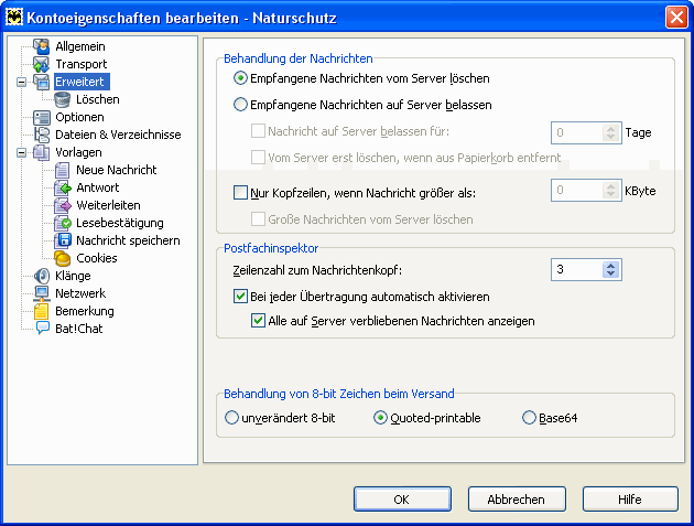 "The Bat!": Kontoeigenschaften &middot; Erweitert